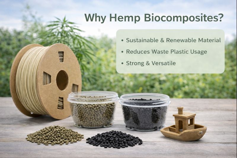 Why hemp biocomposites: sustainable and renewable, reduces waste plastic, strong and versatile