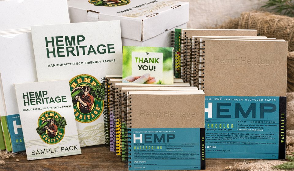 Hemp Heritage folder, sample pack and spiral-bound sketchbooks