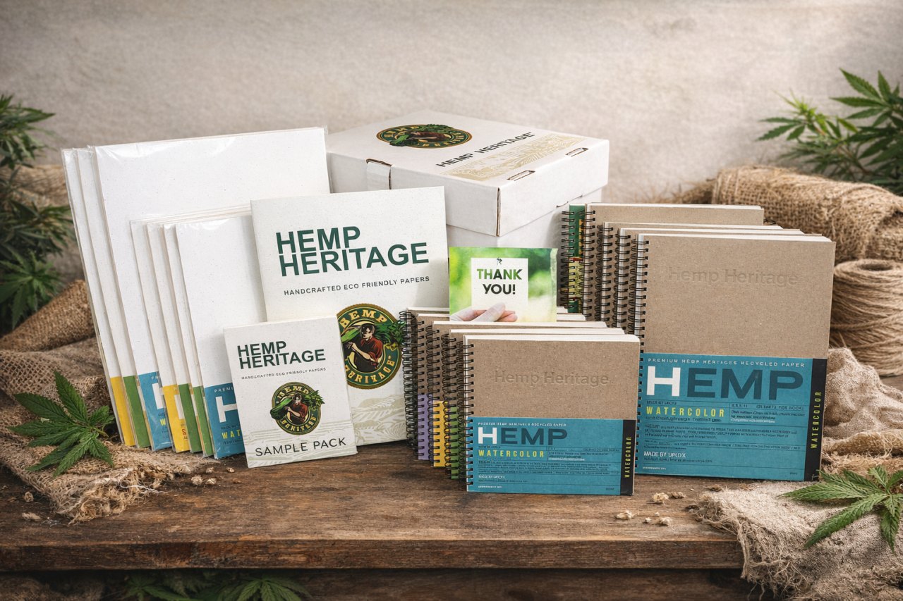 Hemp Heritage sample pack box with journals, sketchbooks and paper packs